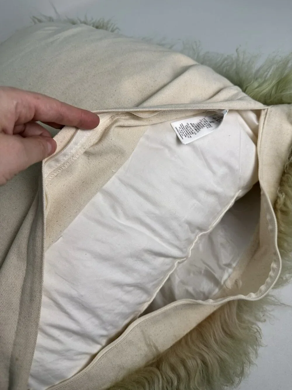 West Elm Mongolian Lamb Pillow Cover With Filling Cream Greenish 24”x24”